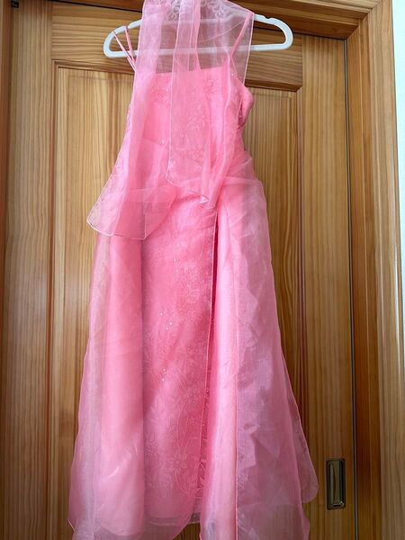 【140-150cm】子供ドレス ロングドレス ピンク ラメ ストール付き 女の子 パーティー 結婚式 発表会 コンテスト