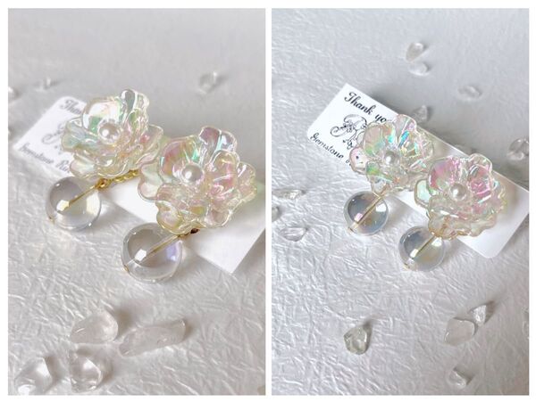 天然石 水晶 花 ピアス/イヤリング レインボー 大ぶり ハンドメイド