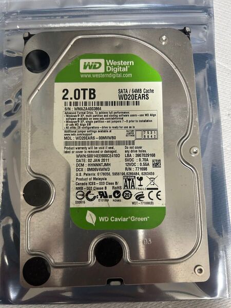 ③Western Digital 2TB HDD WD20EARS SATA 健康状態:注意