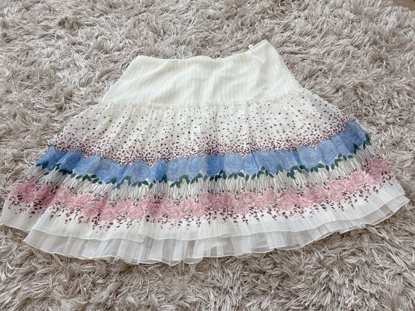 美品 レストローズ スカート ピンク ブルー バラ柄 春夏 ガーリー系 フレアスカート