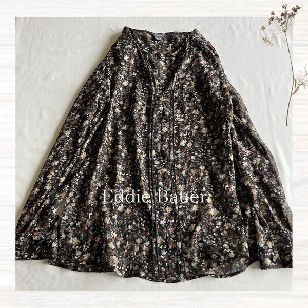 エディバウワー 花柄シアーブラウス ゆったり 長袖 スキッパーシャツ 総柄 黒