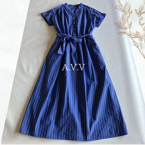 a.v.v ストライプシャツロングワンピース 半袖 M ウエストリボン スキッパーシャツワンピ パールボタン