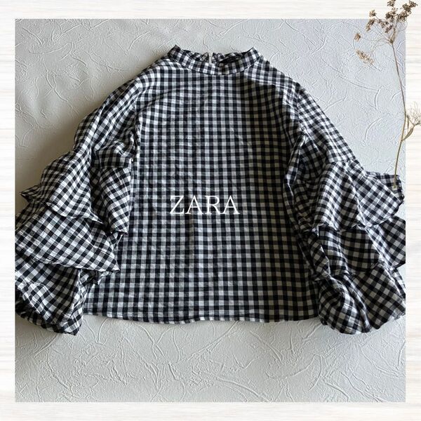 ZARA ギンガムハイネックボリュームスリーブブラウス S カットソー ザラ トップス