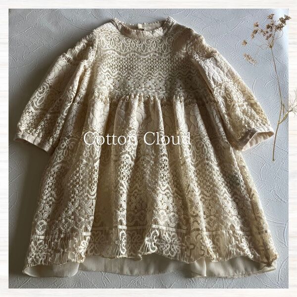 アンティーク風 総レース刺繍カットソー アイボリー 生成り ブラウス M