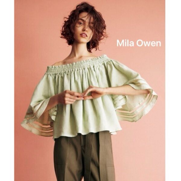 Mila Owen リネン混 オフショルブラウス カーキ フリル袖 フリー ゆったり ミラオーウェン