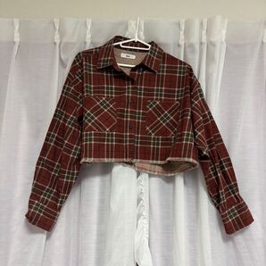 赤系 チェック柄 クロップドシャツ