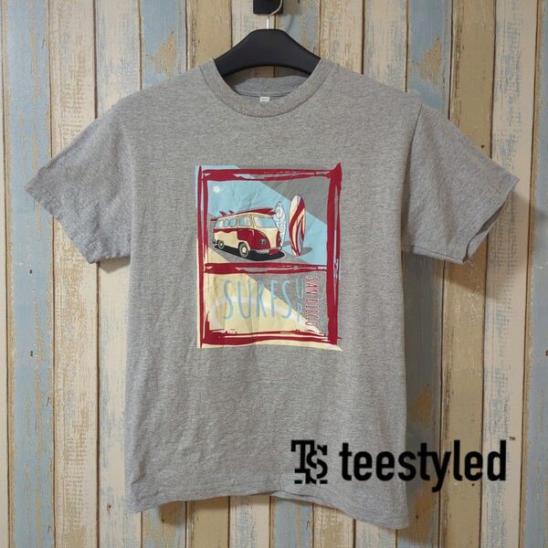 ワーゲンバス サーフィン グラフィック Tシャツ グレー