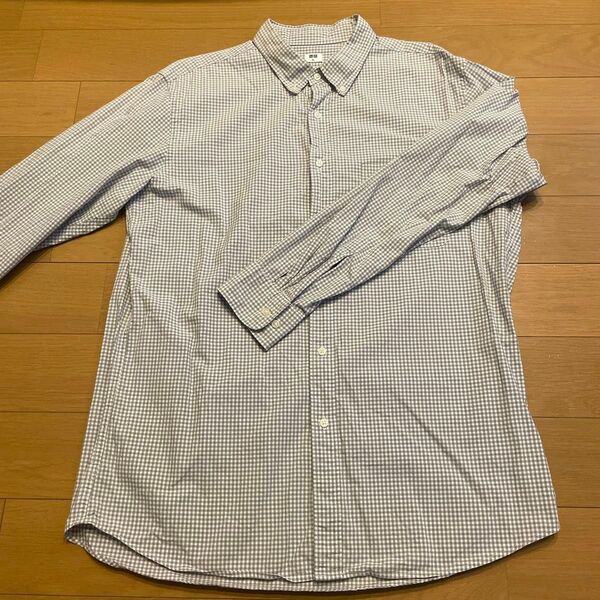 メンズ ユニクロ グレー系ギンガムチェック コットン長袖シャツ XL