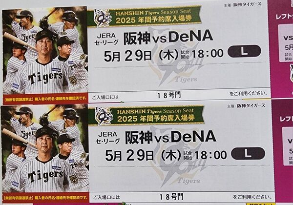 阪神タイガース 5月29日 チケット レフト外野指定席 2枚