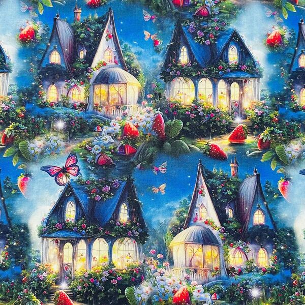 【感謝SALE】☆幻のお城&いちご柄 綿100%シーチング生地 110x1M
