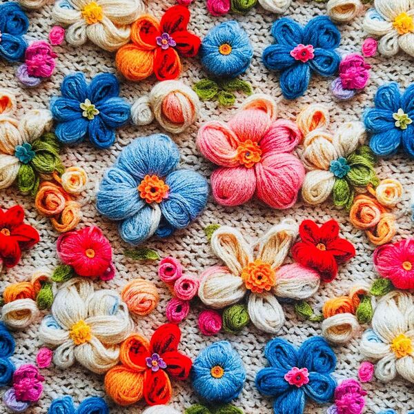 【感謝SALE】☆鮮やかなお花柄編み花風立体感 綿100% シーチング生地1M