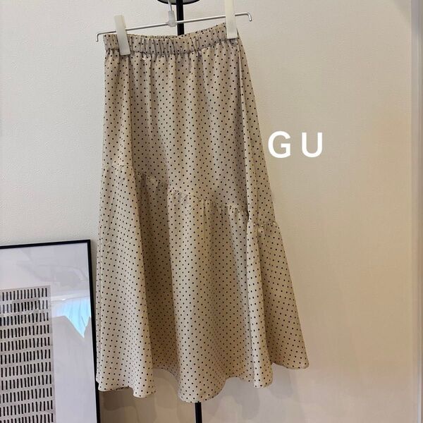 GU ドット柄 アシンメトリーテアードスカート ロングスカート ナチュラル Sサイズ