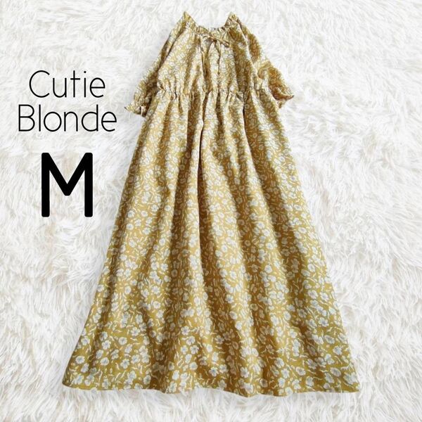 キューティーブロンド Cutie Blonde ワンピース M マスタード 花柄 総柄 リボン ボウタイ ロング 5分袖 裏地付き