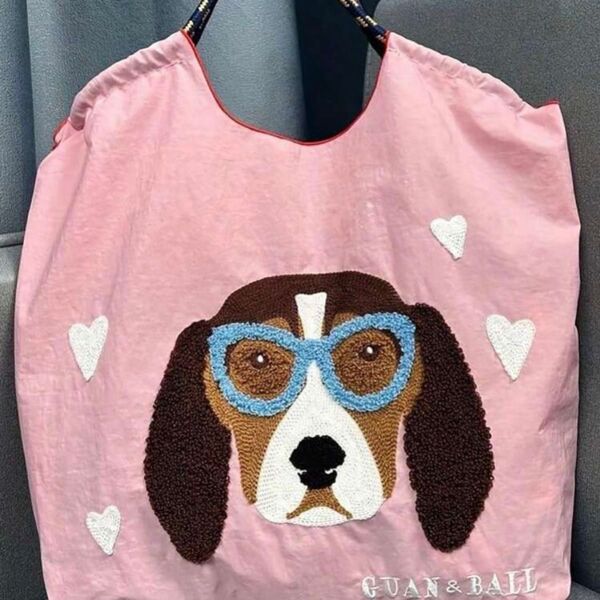 新品 メガネわんちゃん刺繍 トートバッグ エコバッグ ナイロン 軽量 Mサイズ ピンク