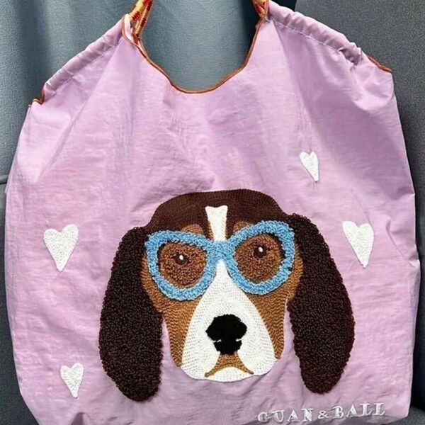 新品 メガネわんちゃん刺繍 トートバッグ エコバッグ ナイロン 軽量 Mサイズ ラベンダー