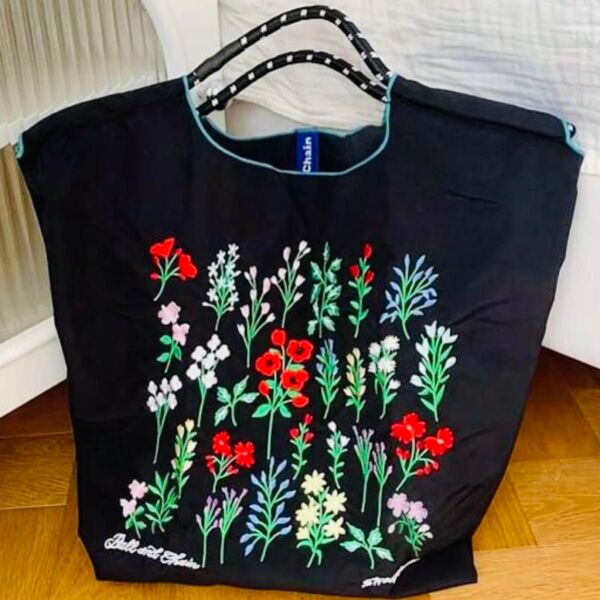 新品 カラフル刺繍 軽量 エコバッグ ナイロン Mサイズ ブラック