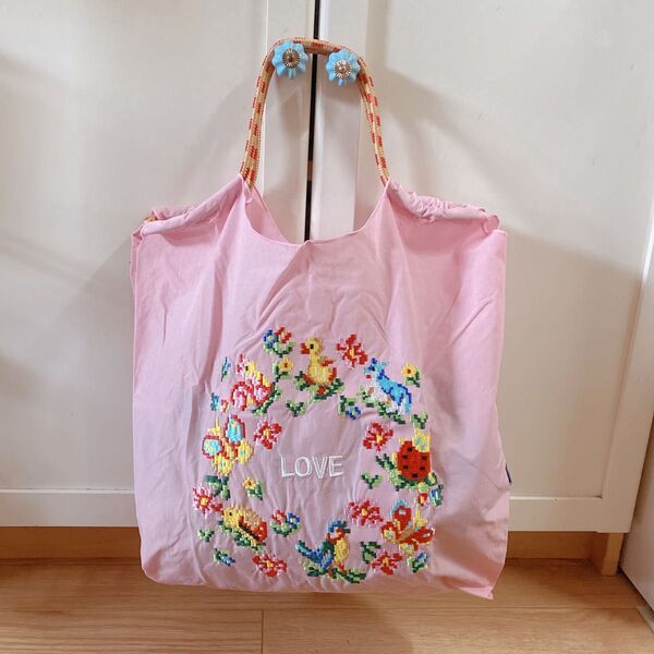新品 Love 刺繍 軽量 エコバッグ ナイロン Mサイズ ピンク