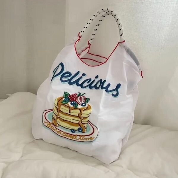 新品 パンケーキ 刺繍 軽量 エコバッグ ナイロン Mサイズ ホワイト