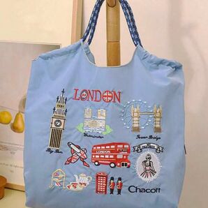 新品 ロンドン 刺繍 軽量 エコバッグ ナイロン Mサイズ ブルー