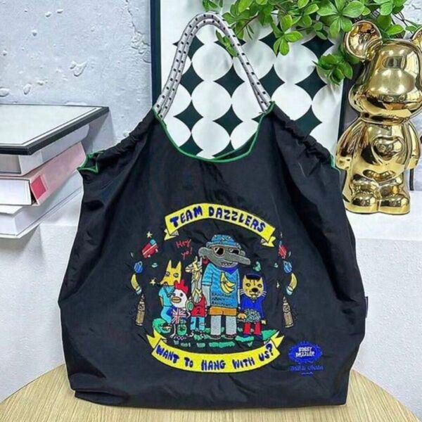 新品 像 動物柄 刺繍 軽量 エコバッグ ナイロン Mサイズ ブラック