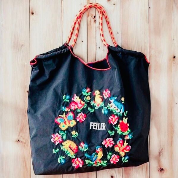 新品 刺繍 軽量 エコバッグ ナイロン Mサイズ ブラック