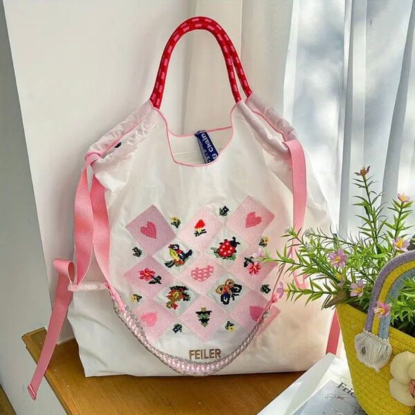 新品 お花 てんとう虫 刺繍 軽量 エコバッグ ナイロン Mサイズ ショルダーストラップ付き ホワイト