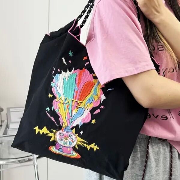 新品 カラフル 刺繍 軽量 エコバッグ ナイロン Mサイズ ブラック