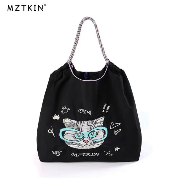 新品 メガネ 猫ちゃん 刺繍 軽量 エコバッグ ナイロン Mサイズ ブラック