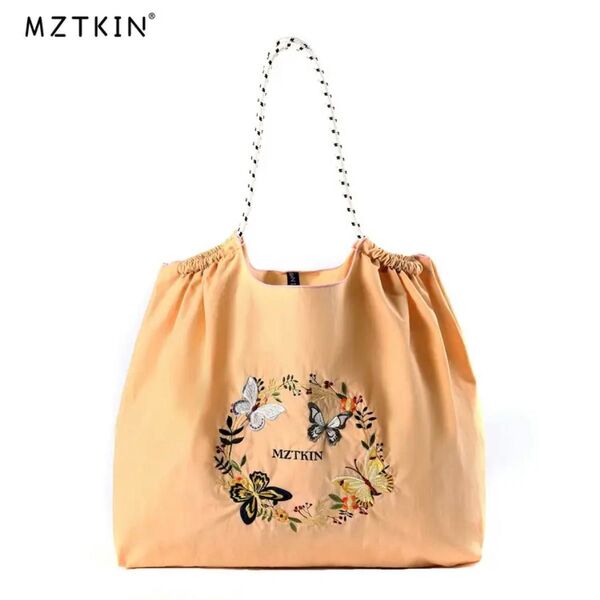 新品 蝶々 刺繍 軽量 エコバッグ ナイロン こちらはLサイズです!! ベージュ
