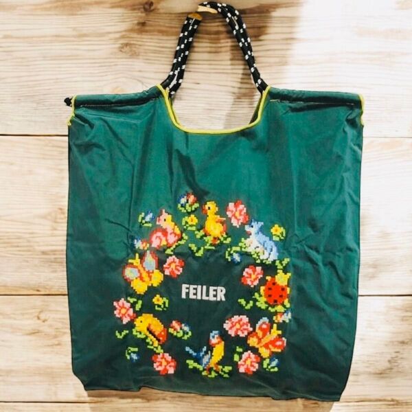新品 刺繍 軽量 エコバッグ ナイロン Mサイズ グリーン