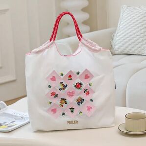 新品 ハート お花 てんとう虫 刺繍 軽量 エコバッグ ナイロン Mサイズ ホワイト