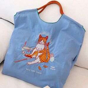 新品 猫ちゃん 刺繍 軽量 エコバッグ ナイロン Mサイズ ブルー