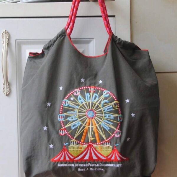新品 観覧車 刺繍 軽量 エコバッグ ナイロン Mサイズ グレー