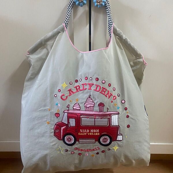 新品 車 刺繍 軽量 エコバッグ ナイロン Mサイズ ライトグレー