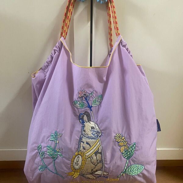 新品 うさぎ 刺繍 軽量 エコバッグ ナイロン Mサイズ ラベンダー