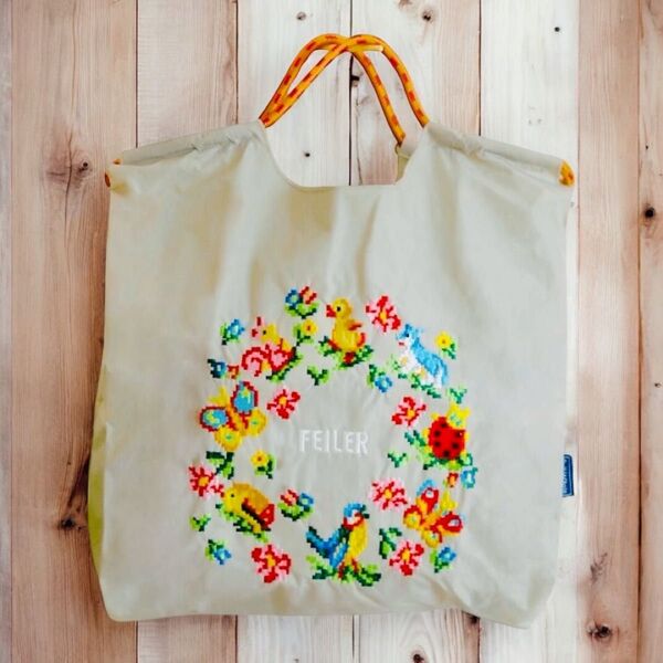 新品 刺繍 軽量 エコバッグ ナイロン Mサイズ ライトグレー