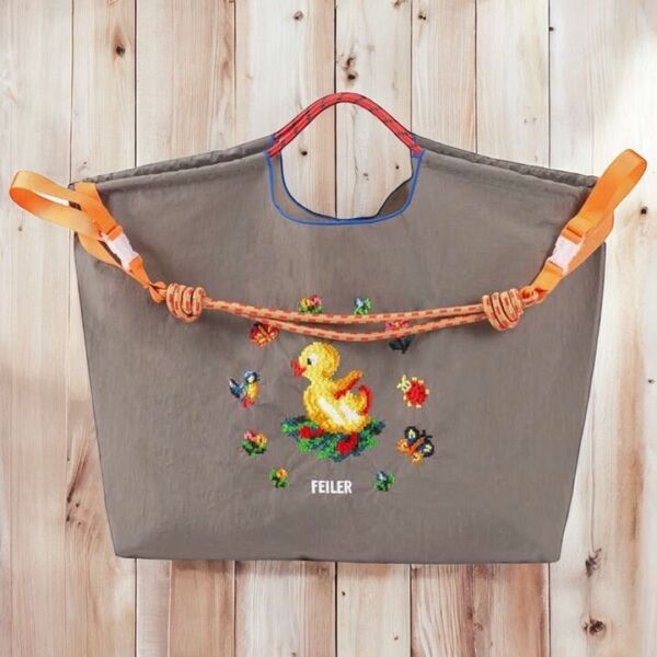 新品 刺繍 軽量 エコバッグ ナイロン こちらはLサイズです! ショルダーストラップ付き グレー