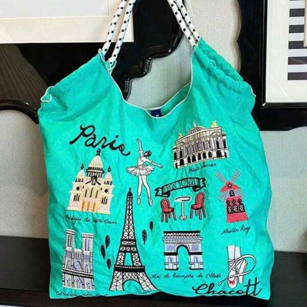 新品 Paris 刺繍 軽量 エコバッグ ナイロン Mサイズ ミントグリーン