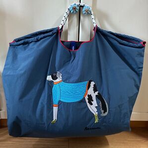 新品 ワンチャン 刺繍 軽量 エコバッグ ナイロン 大きめサイズ ネイビー