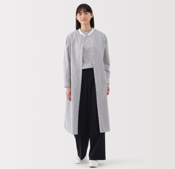 無印良品 婦人M スタンドカラー ワンピース ブルーストライプ 長袖ワンピース