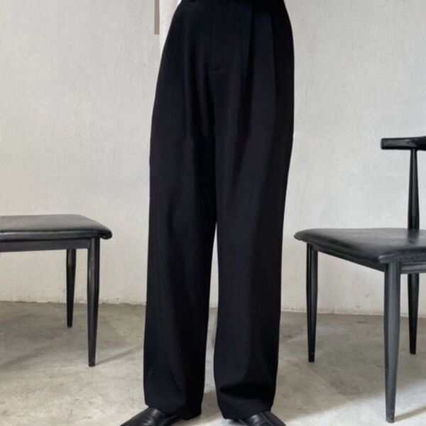 ミームセレクト 太ベルトハイウエストカラータックスラックス XL ブラック フルレングス 黒 パンツ スラックス ボトムス