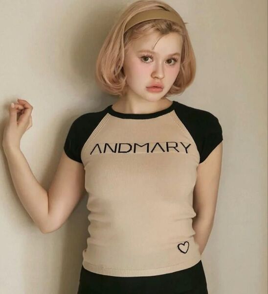 大人気完売品 新品タグ付 ANDMARY Mary logo knit tops beige フリーサイズ アンドマリー