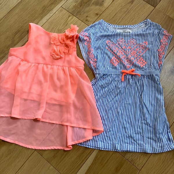 H&M フリル付きノースリーブトップス 92cm フォーマル ワンピース 半袖 子供服 夏 ブラウス チュニック ストライプ 花