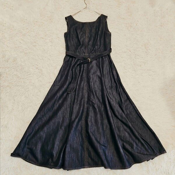 極美品 ANAYI アナイ デニムライクワンピース ベルト フレア ノースリーブ