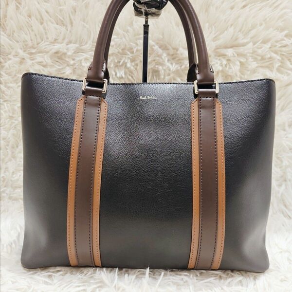 美品 ポールスミス PAULSMITH トートバッグ ストライプ 3室 黒