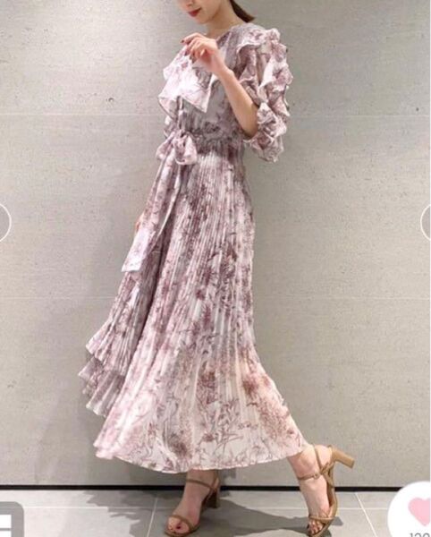 SNIDEL フリルプリーツドレス ドレスラボ 極美品 ピンク 花柄 リボン 結婚式 シフォンワンピース