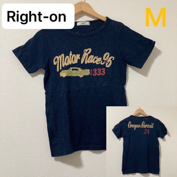 Right-on/ロゴTシャツ プリントTシャツ 半袖Tシャツ ネイビー