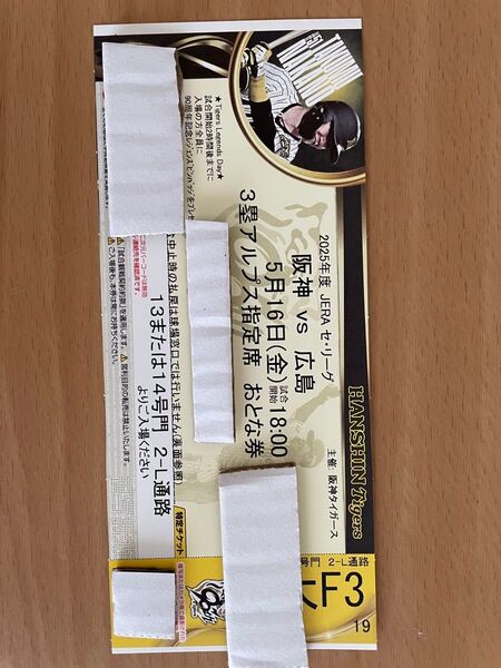 2025年 5月16日(金) 阪神対広島戦 甲子園球場 3塁側アルプスシート 指定席 1枚 前の方です。