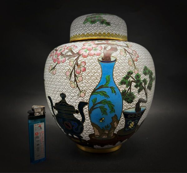 中國美術 古玩 景泰 七宝焼 超大博古紋茶入 茶筒 茶道具 飾り壺 高さ20.5cm