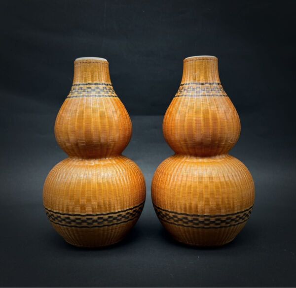 中国美術 古玩 竹瓷胎瓢箪花瓶セット 福禄花器 中人民共和国制造